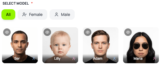 Customizable Digital Model Pool - Selecting the face that best matches your brand's target audience now takes seconds. Create diversity at inclusive fashion standards without being limited to static stock images.