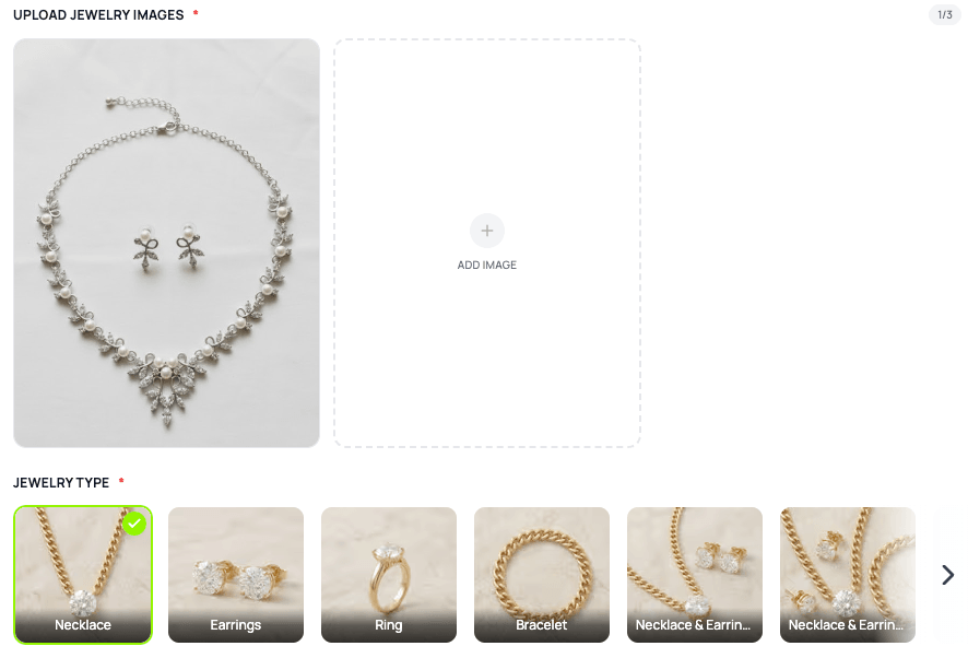 Product Upload and Category Selection - When you upload a high-resolution photo of your product, our AI analyzes the metal type (gold, silver, rose gold), stone cut, and brightness level. Users can create specialized shots in these categories: